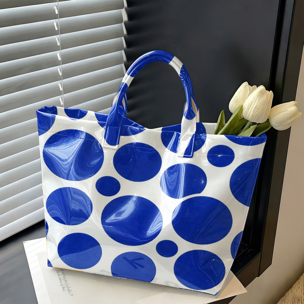 Structured Handbag Top Handle - 光沢のあるPVCトートバッグ、大きな水玉模様、マルチカラー、トップハンドル、テープ開閉、手洗い可能、旅行、通勤、化粧品、本の持ち運びに最適