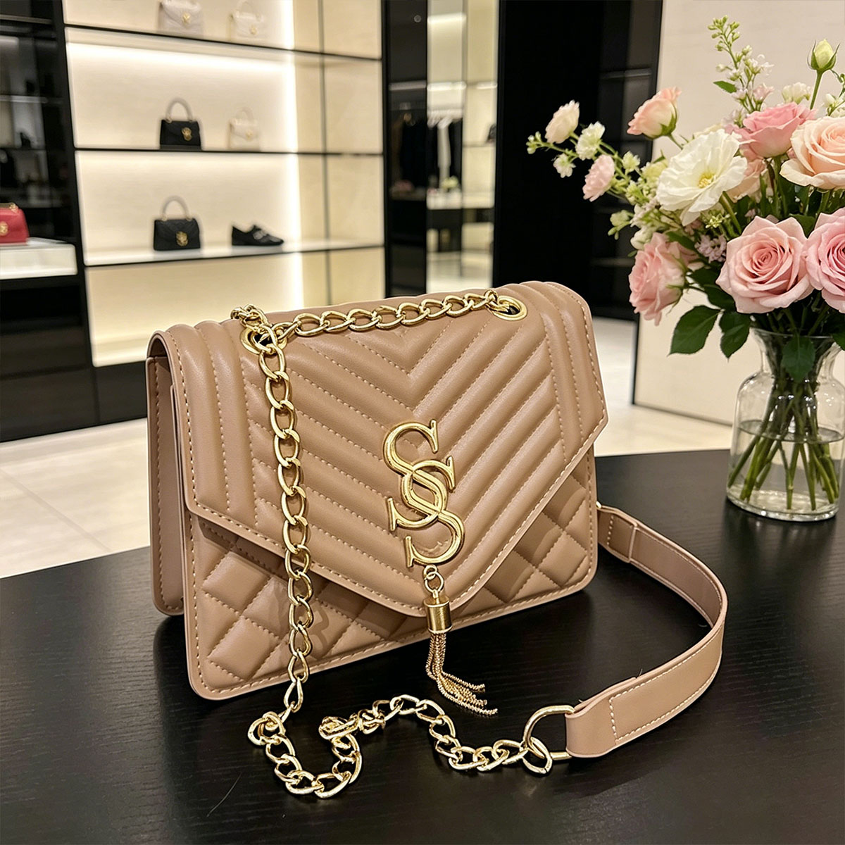Luxury Quilted Bags - ライトラグジュアリーエレガントアーガイルキルティングチェーンスモールスクエアバッグメタルレタータッセル斜め掛けバッグ通勤ショルダーバッグ