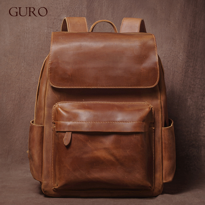 Structured Handbag Top Handle - GURO ヴィンテージ本革バックパックメンズ週末高級旅行バックパックトップクレイジーホース牛革スクールバッグ 16 インチのラップトップ用