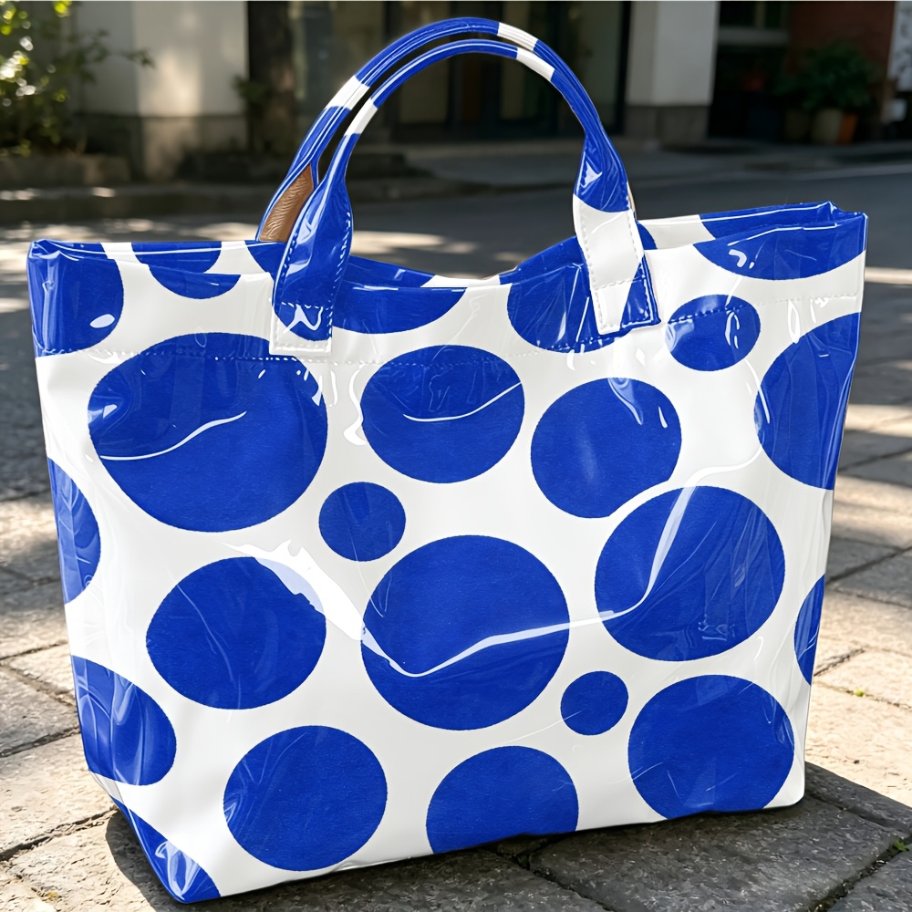 光沢のあるPVCトートバッグ、大きな水玉模様、マルチカラー、 - Structured Handbag Top Handle のレビューと価格