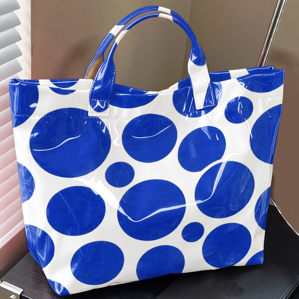 光沢のあるPVCトートバッグ、大きな水玉模様、マルチカラー、 - Structured Handbag Top Handle のレビューと価格