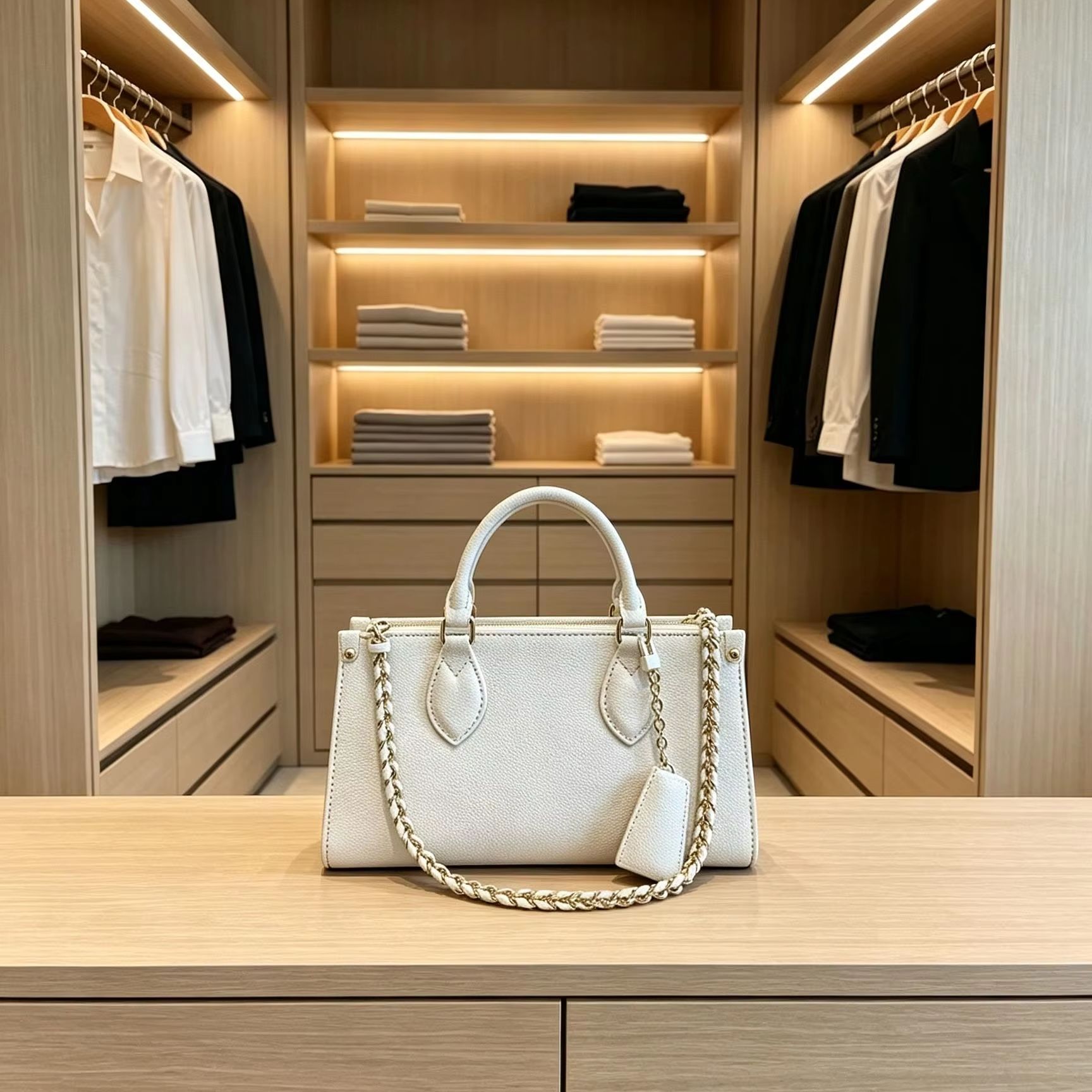 白い小石模様のフェイクレザーを使用した、レザーチェーンストラ - Structured Handbag Top Handle のレビューと価格